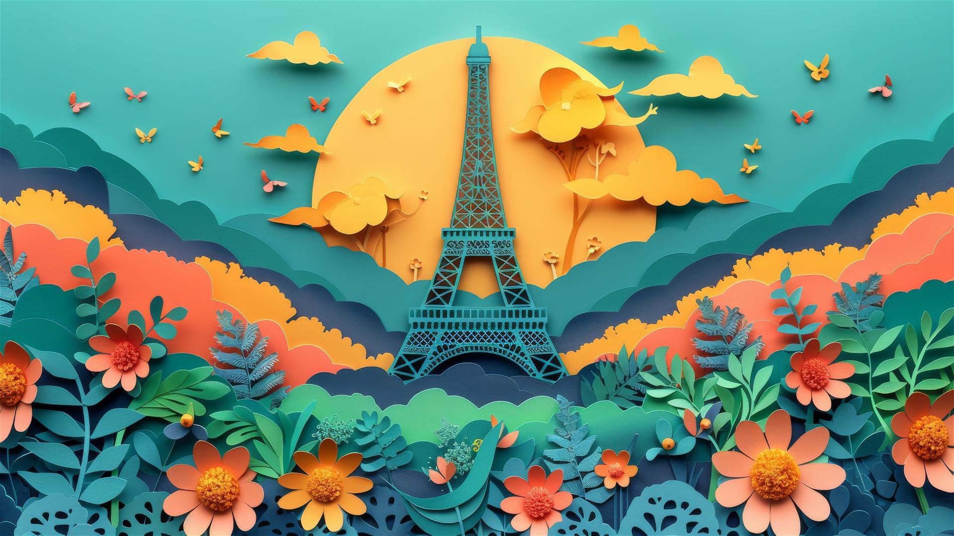 Paper cut craft illustration of Eiffel Tower