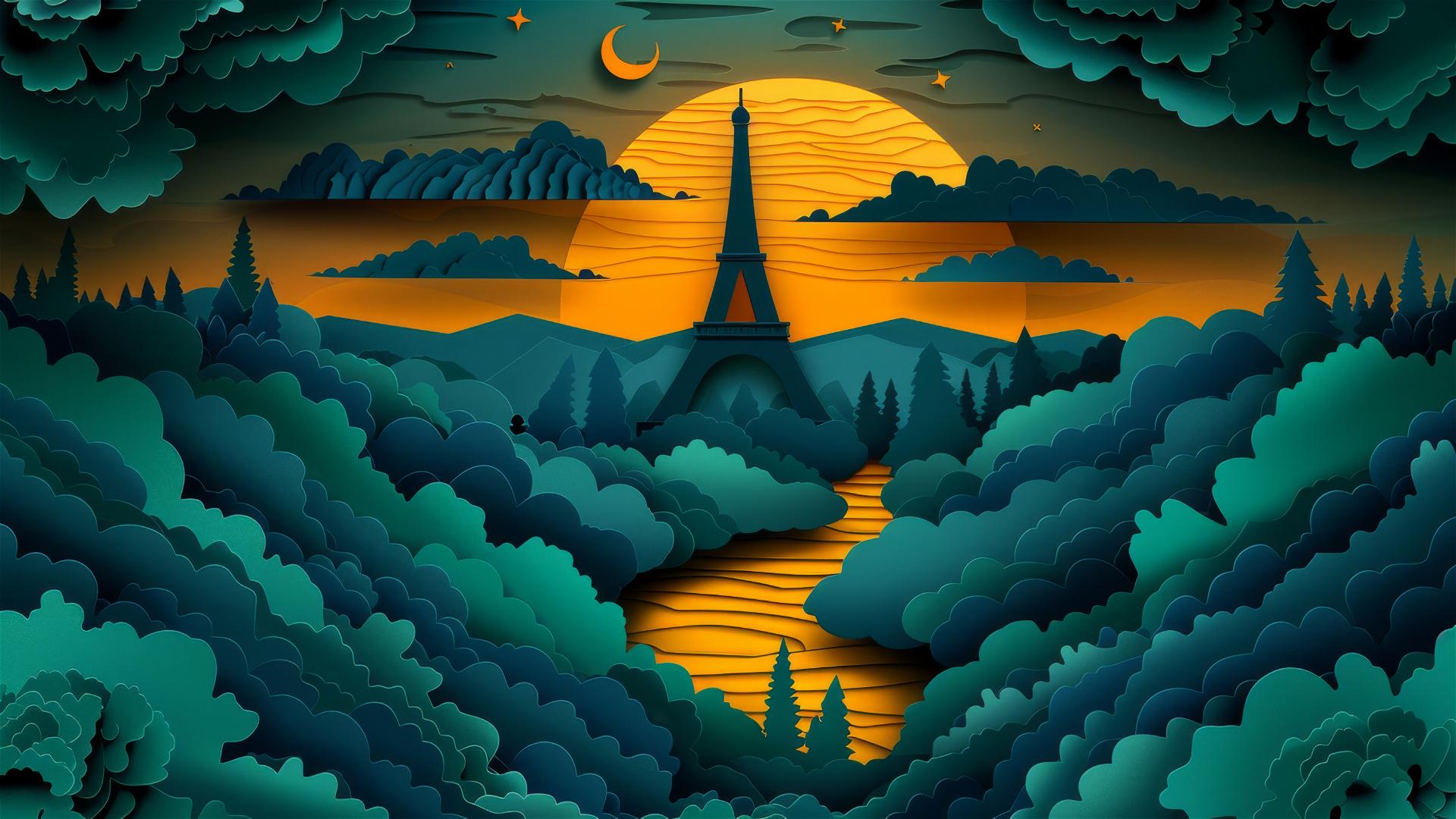 paper cut craft illustration of Eiffel Tower