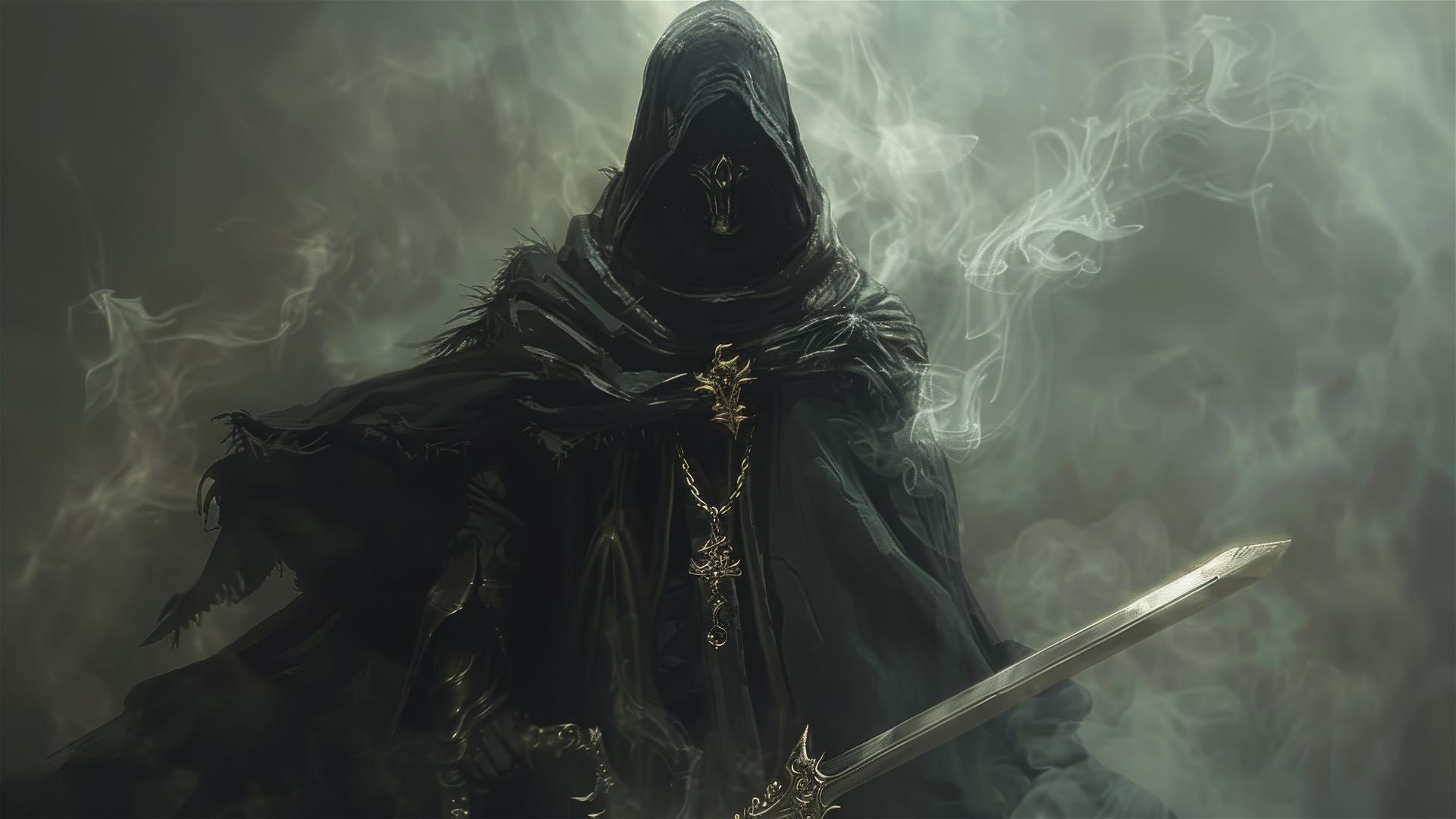 Dark fantasy hooded figure with glowing eyes holding a sword among mist