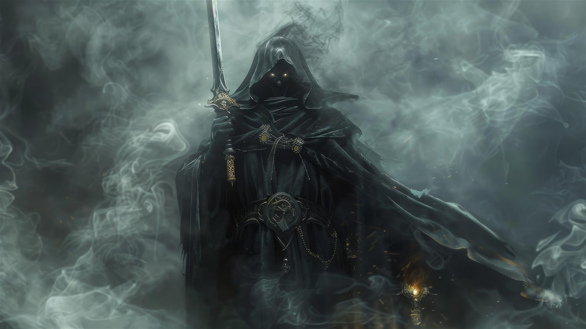 Dark fantasy hooded figure with glowing eyes and ornate sword amid smoke and mist