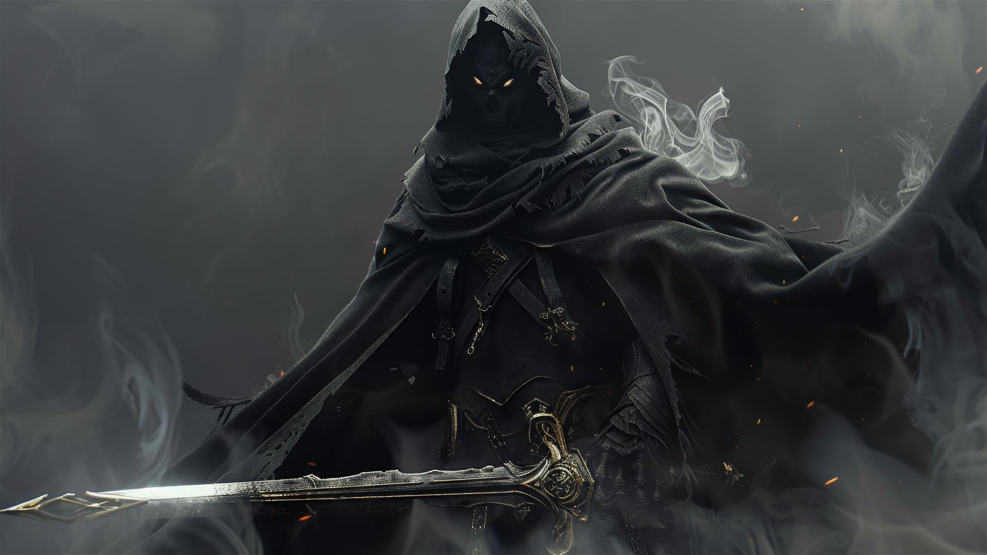 Hooded figure in black robes, holding an ornate sword, with smoke and glowing eyes