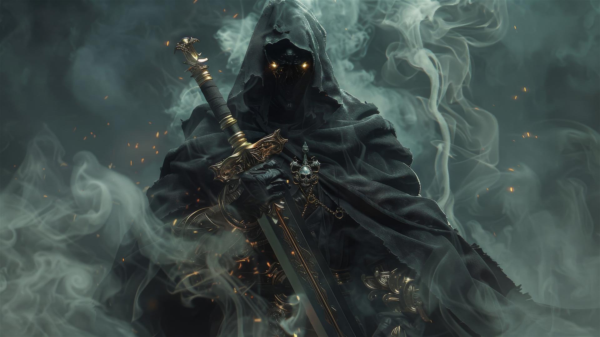 Hooded figure in black with glowing eyes and sword amidst smoke and mist
