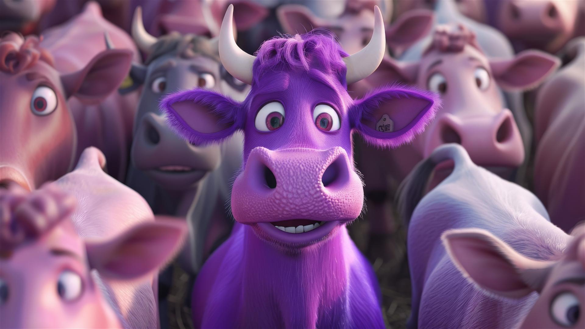 Illustration of a distinct purple cow among plain cows in Pixar style