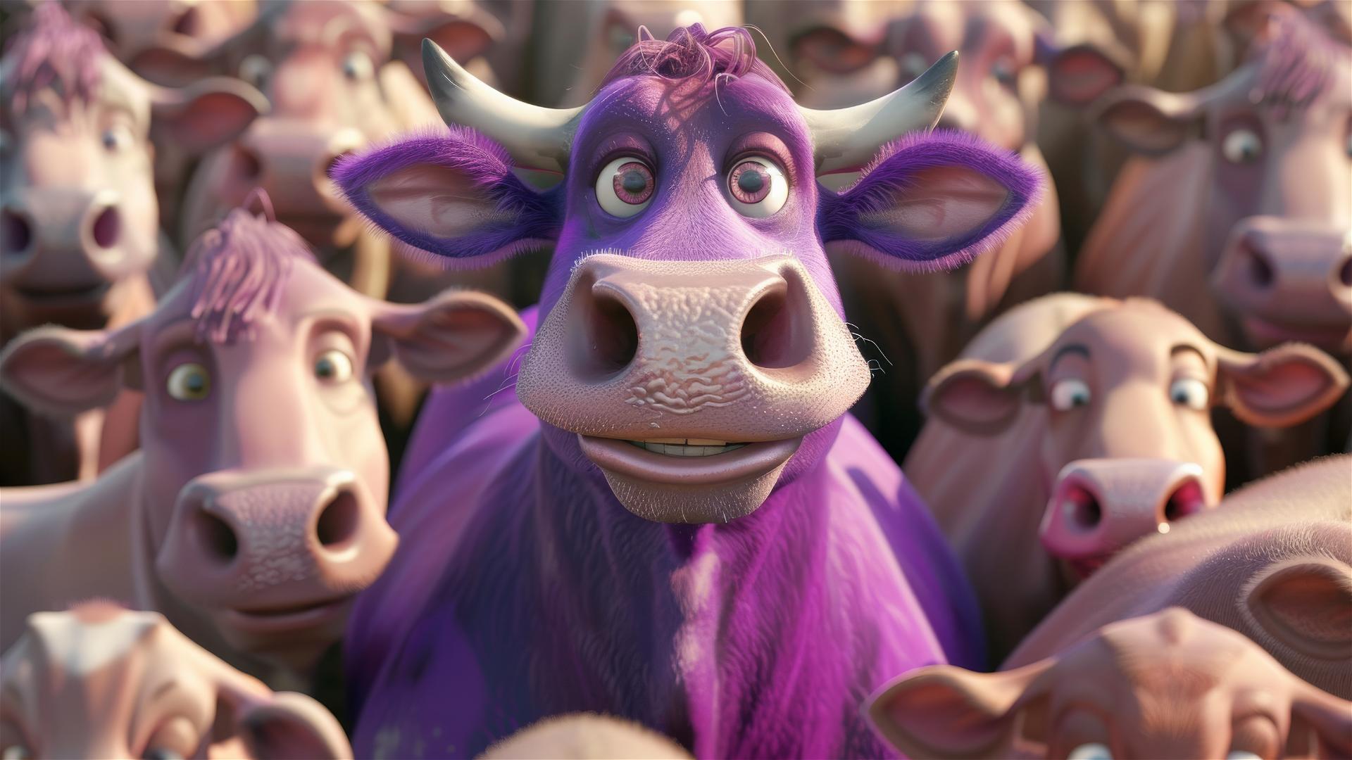 A purple cow among plain colored cows, Disney Pixar style, 3D rendering