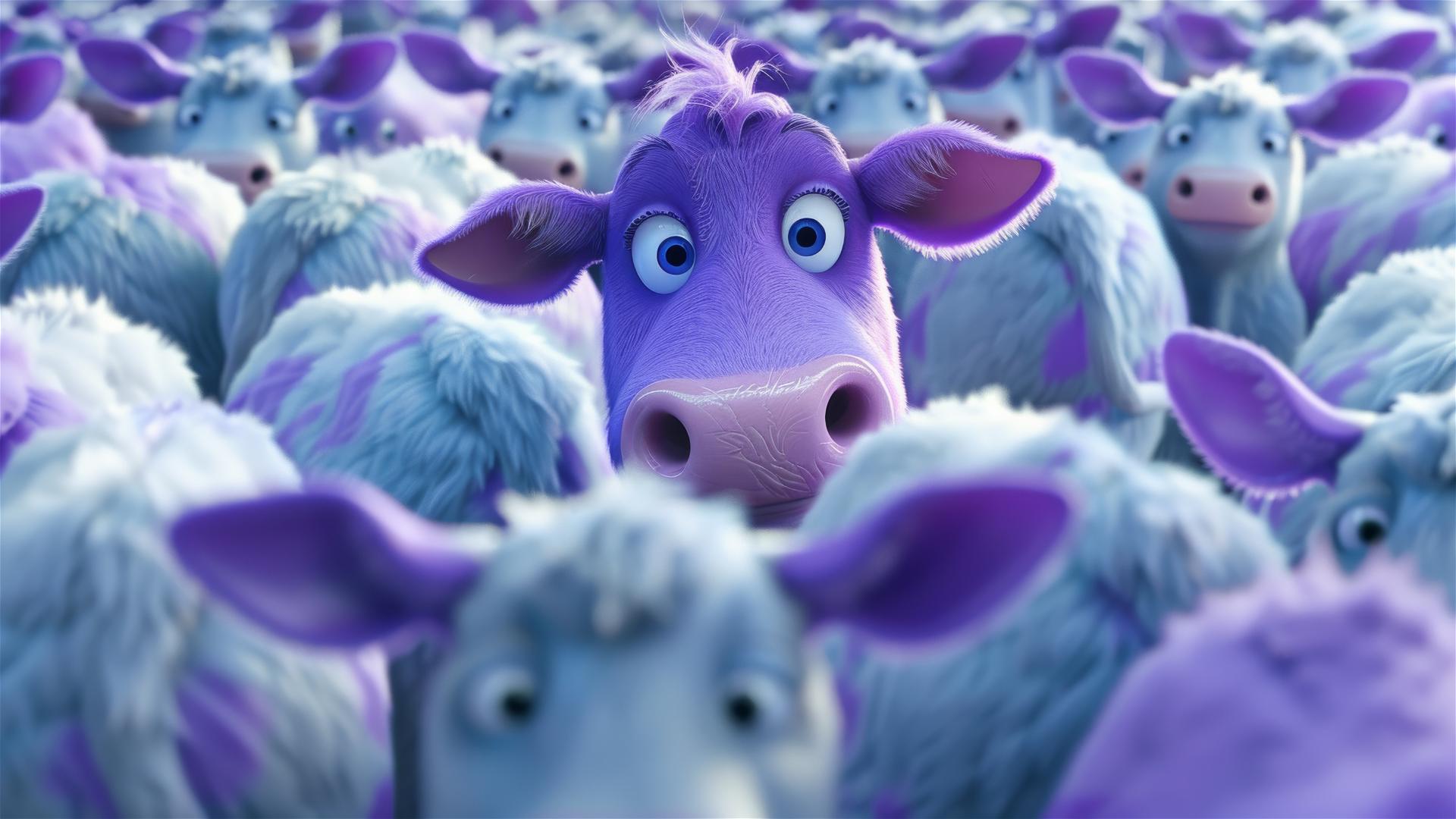 Cute purple cow among plain cows in Pixar style 3D rendering
