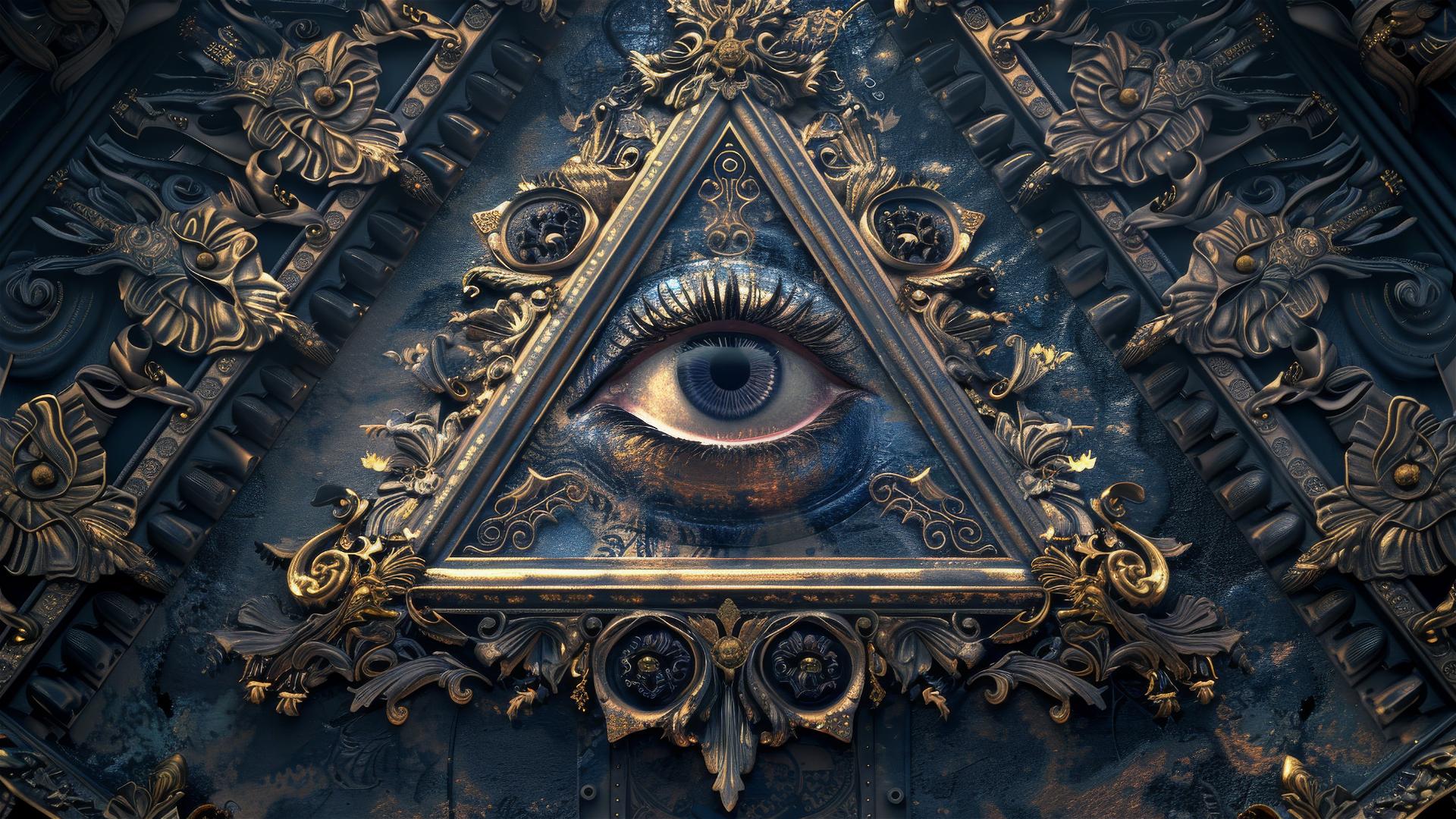 3D-rendered Illuminati pyramid with all-seeing eye in dark blue and gold Art Nouveau style