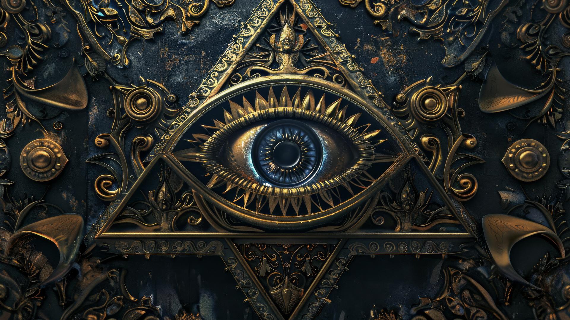 3D rendering of an Illuminati pyramid with an all-seeing eye, ornate background, in dark blue and gold.