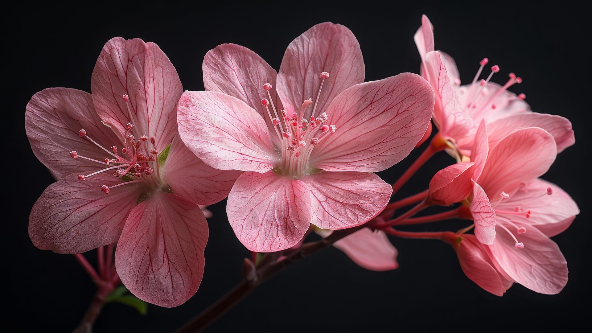 Pink wildflower chain with six petals in full bloom on black background