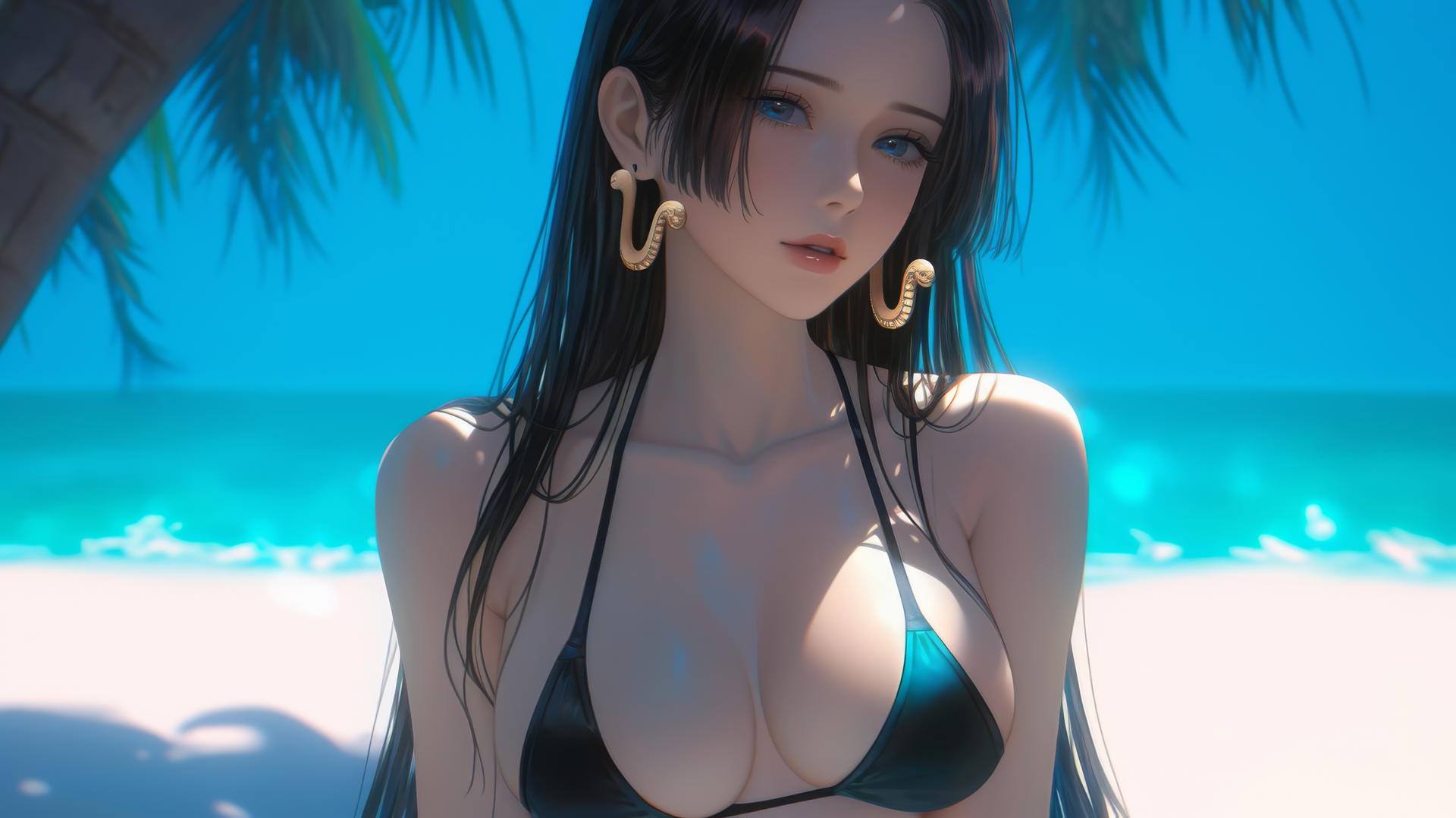 Boa Hancock from One Piece resting at a beach with warm light casting a soft glow.