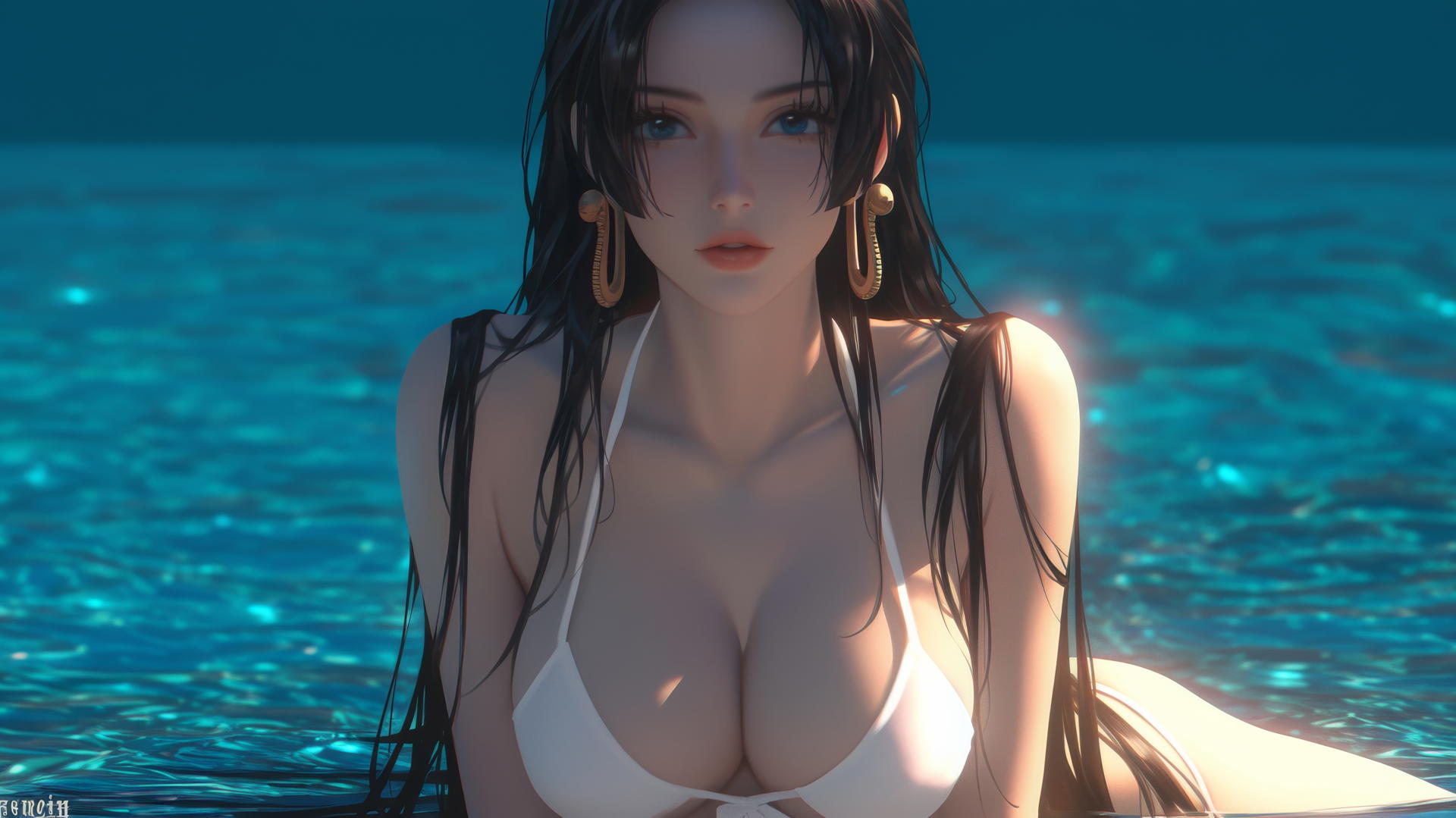 Boa Hancock from One Piece relaxing on a beach with warm light highlighting her beauty
