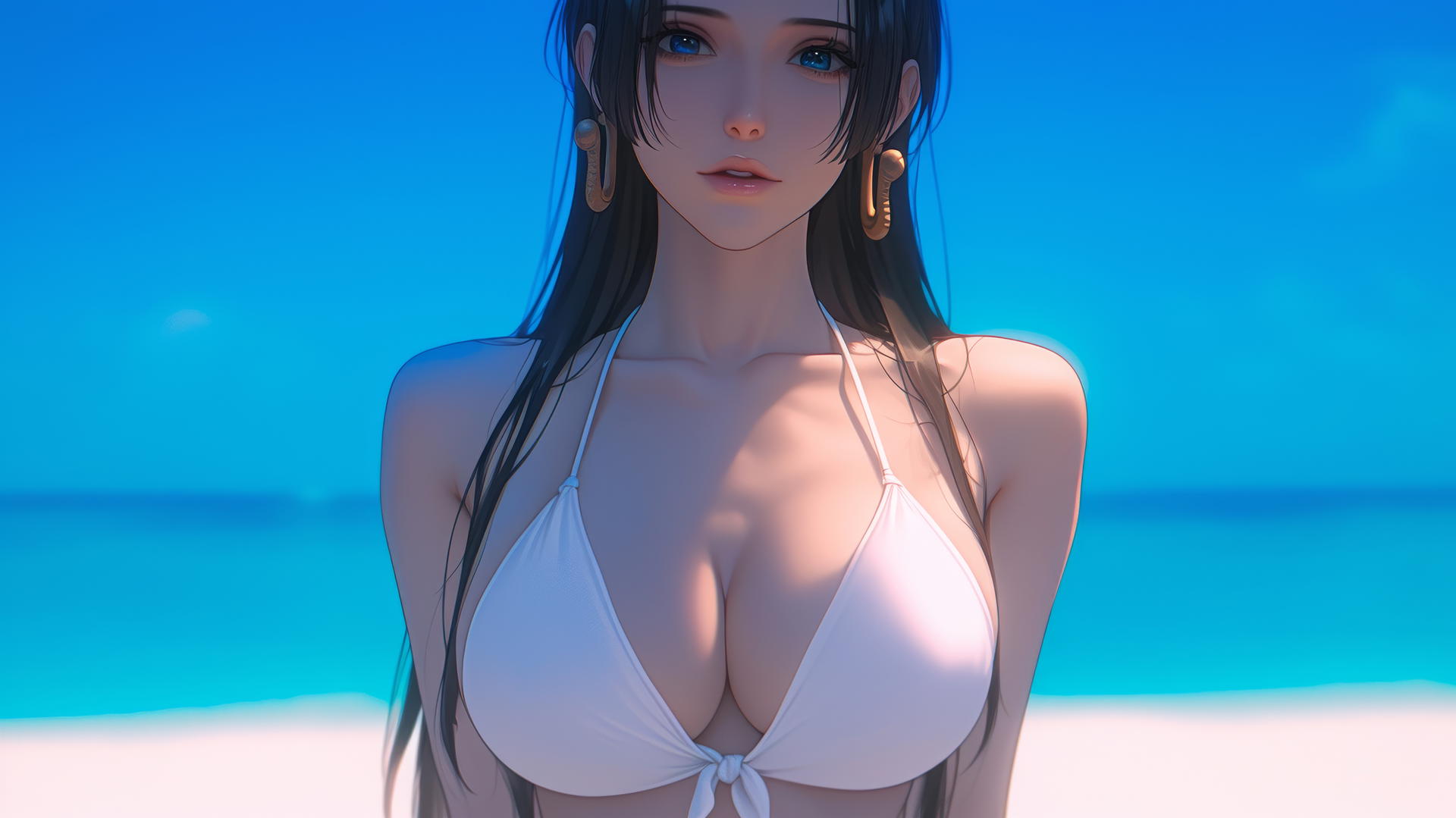 Boa Hancock from One Piece resting at the beach under warm light.