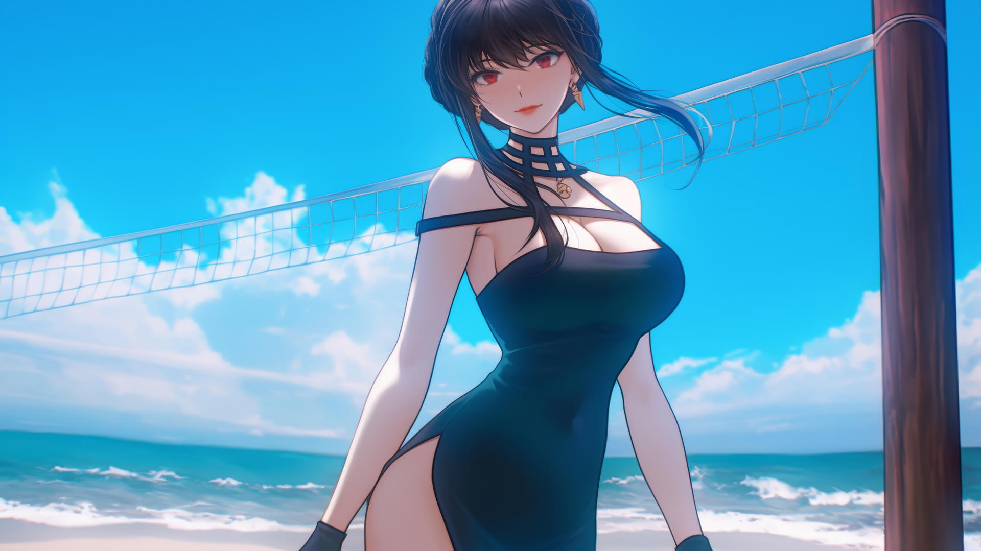 Yor Forger from Spy x Family in beach volleyball dress playing beach volleyball at sunny beach