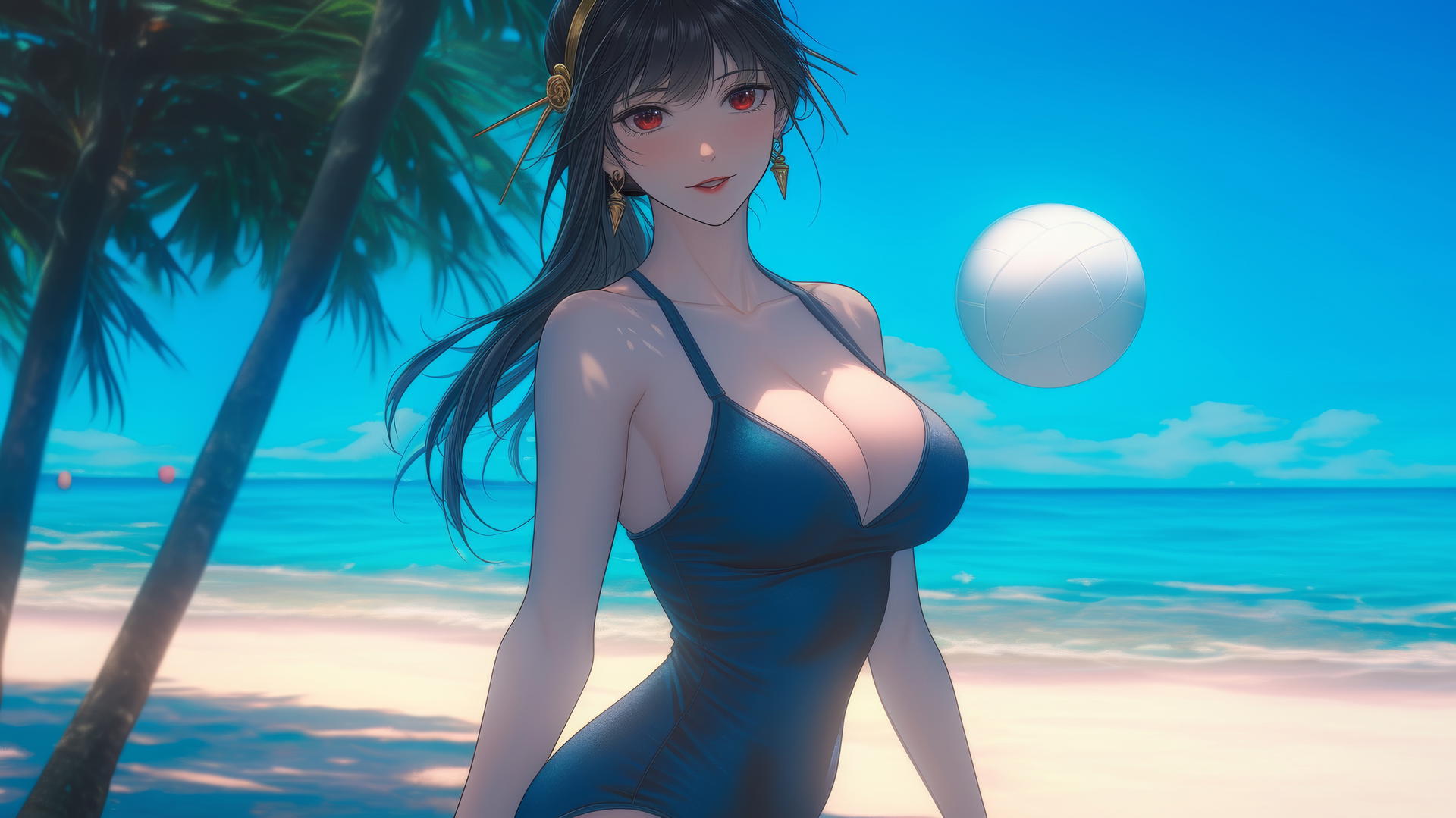 Yor Forger from Spy x Family playing beach volleyball on a sunny beach.