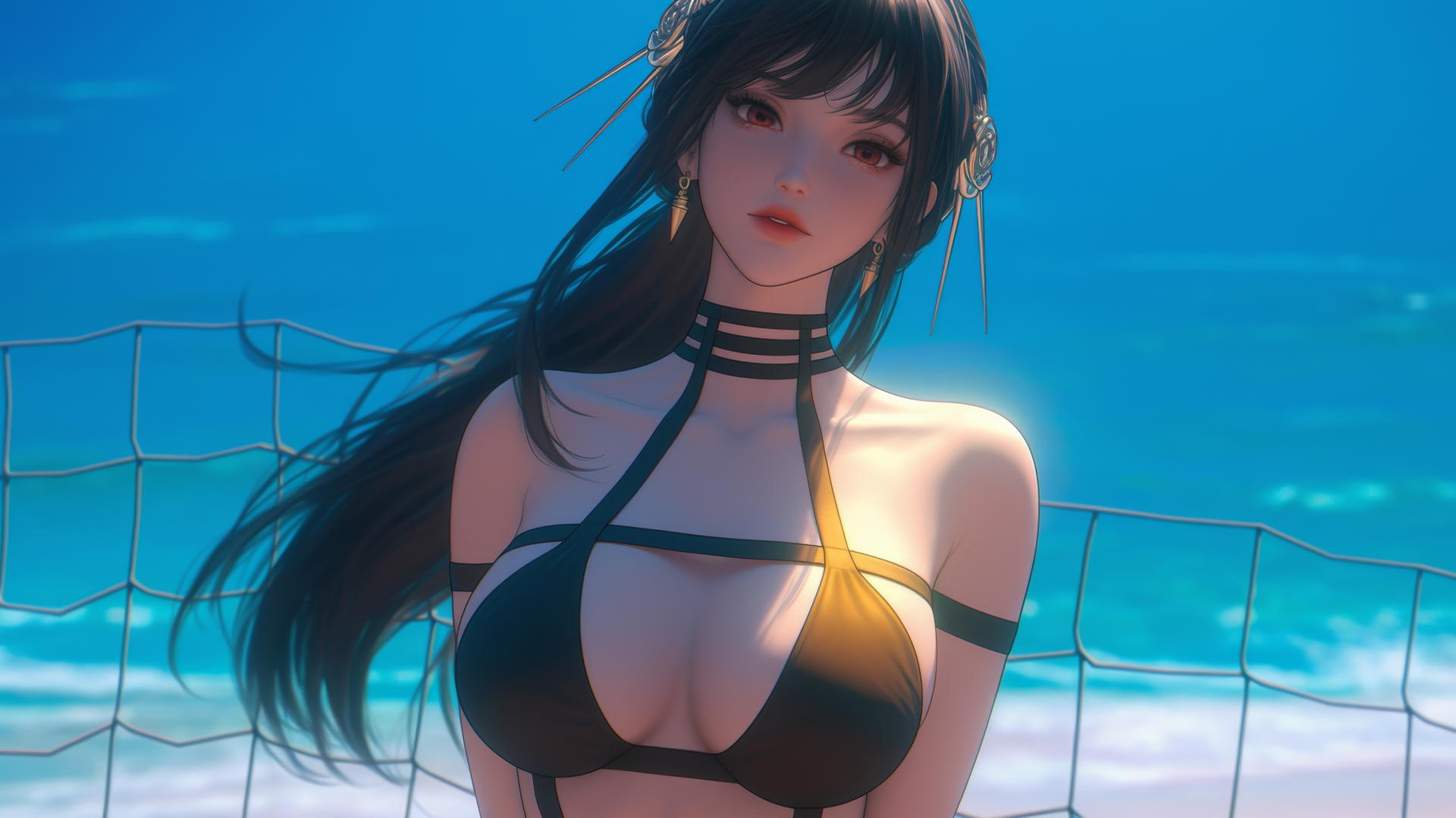 Yor Forger from Spy x Family in beach volleyball dress, playing volleyball on a sunny beach