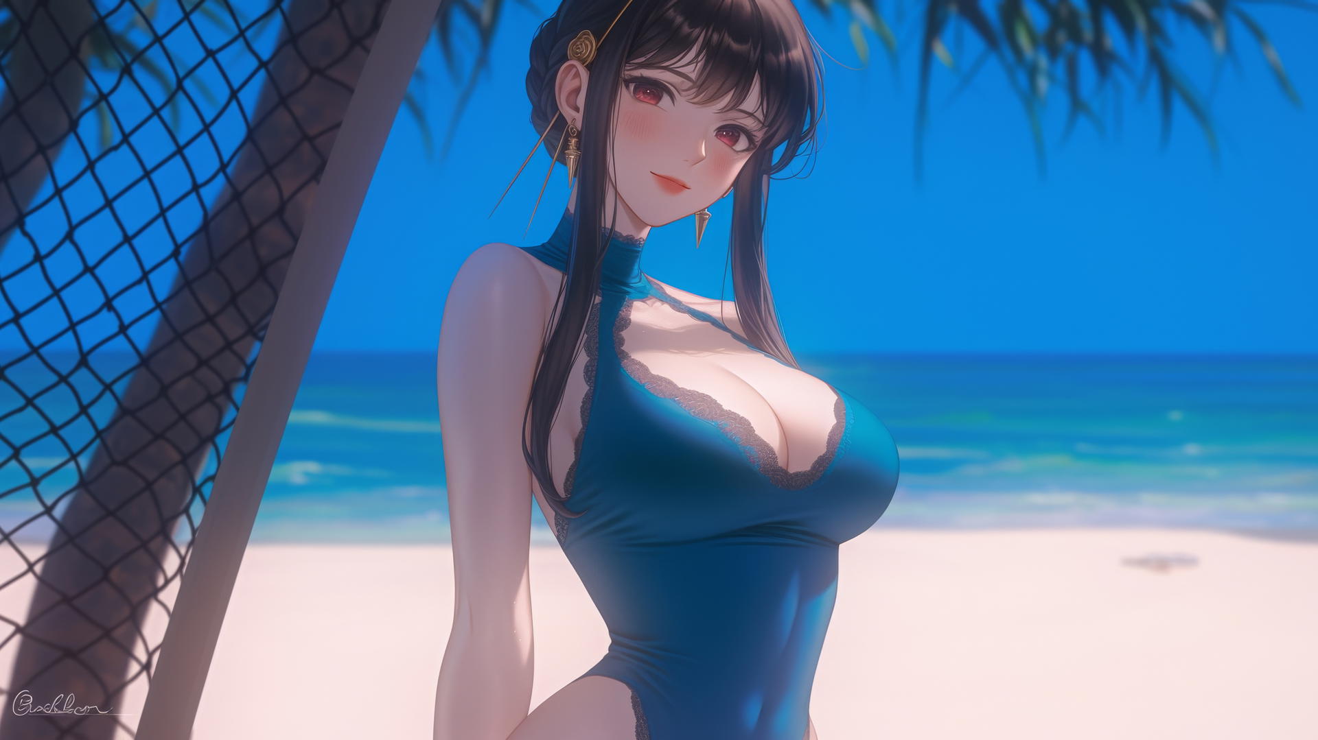 Yor Forger from Spy x Family in beach volleyball dress playing volleyball on a sunny beach