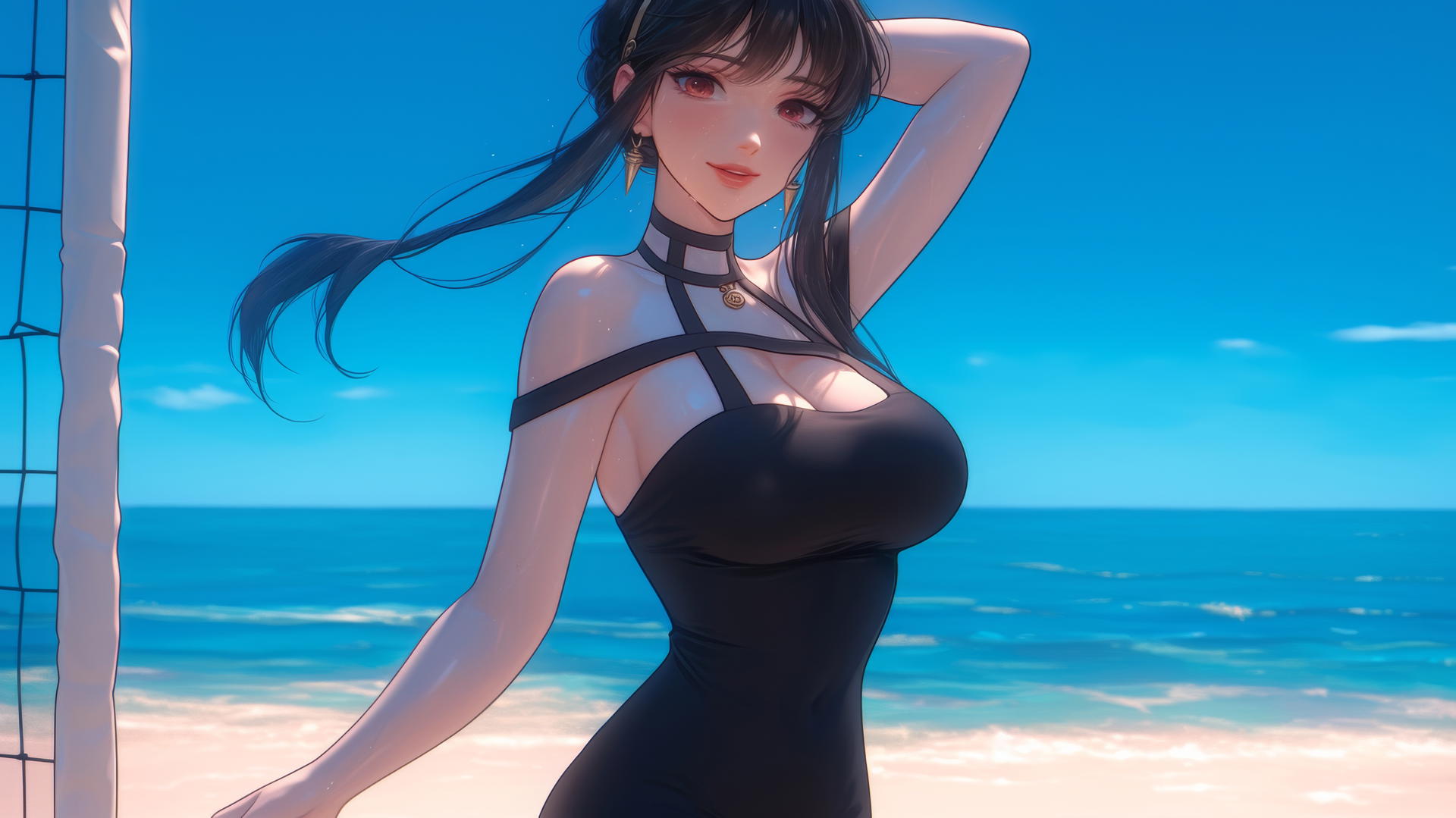Yor Forger from Spy x Family playing beach volleyball on a sunny beach