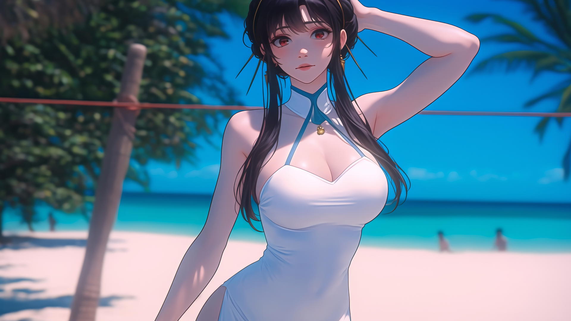 Yor Forger from Spy x Family playing beach volleyball in a beach volleyball dress under strong sunshine.