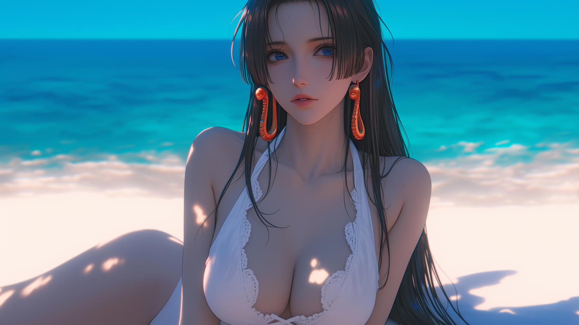 Boa Hancock from One Piece resting at a beach in warm light