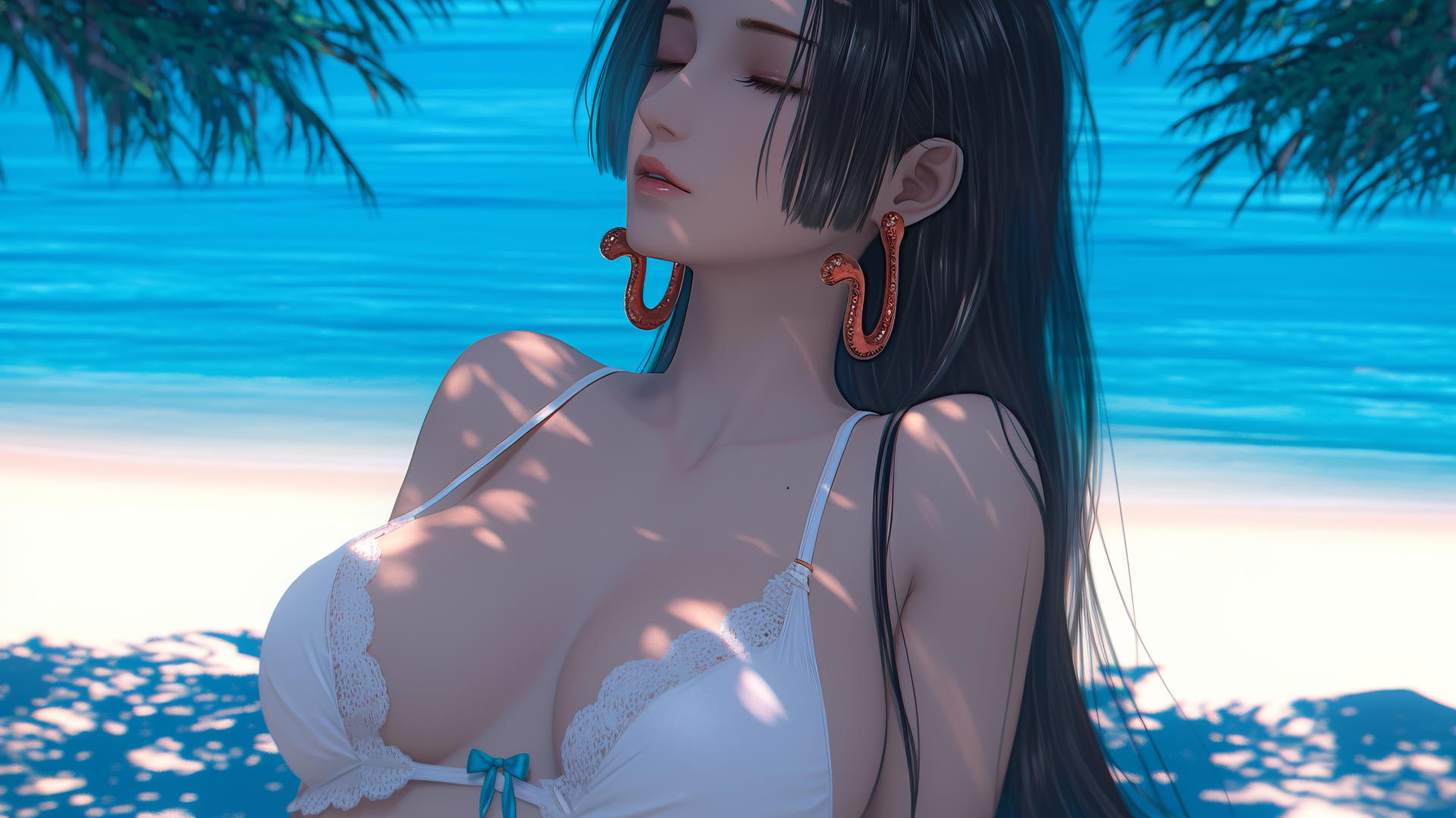 Boa Hancock from One Piece relaxing on a beach bathed in warm, soft light.