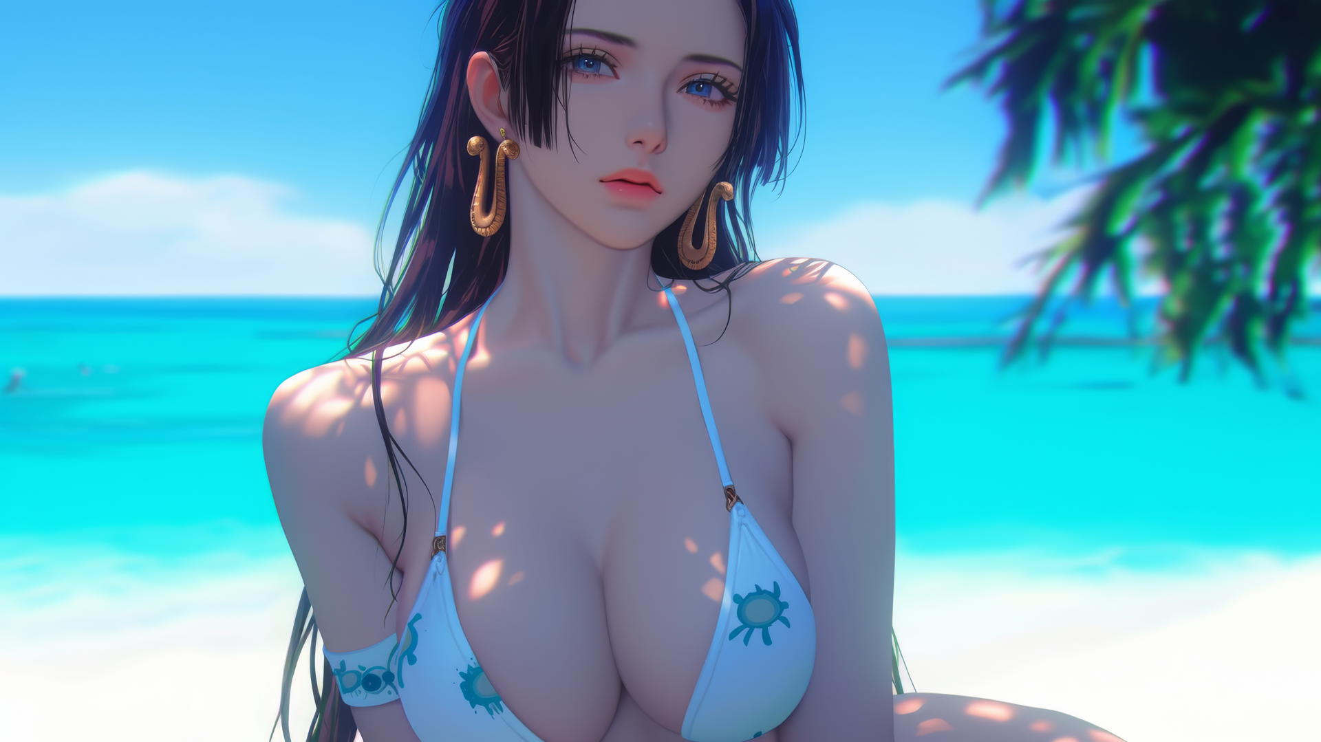 Boa Hancock from One Piece resting on a beach with a soft warm glow.