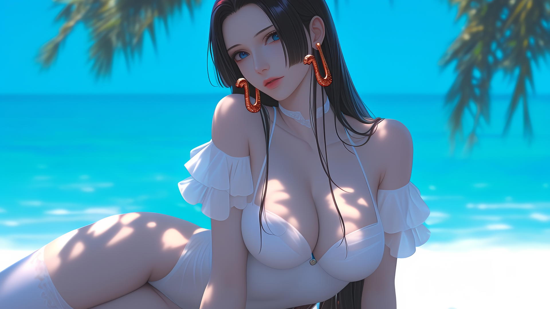Boa Hancock from One Piece resting at a beach with warm light.