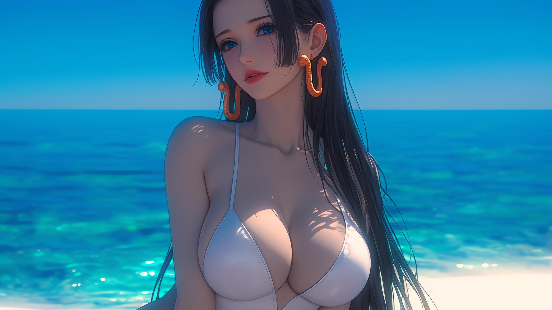 Boa Hancock from One Piece resting at beach in warm light