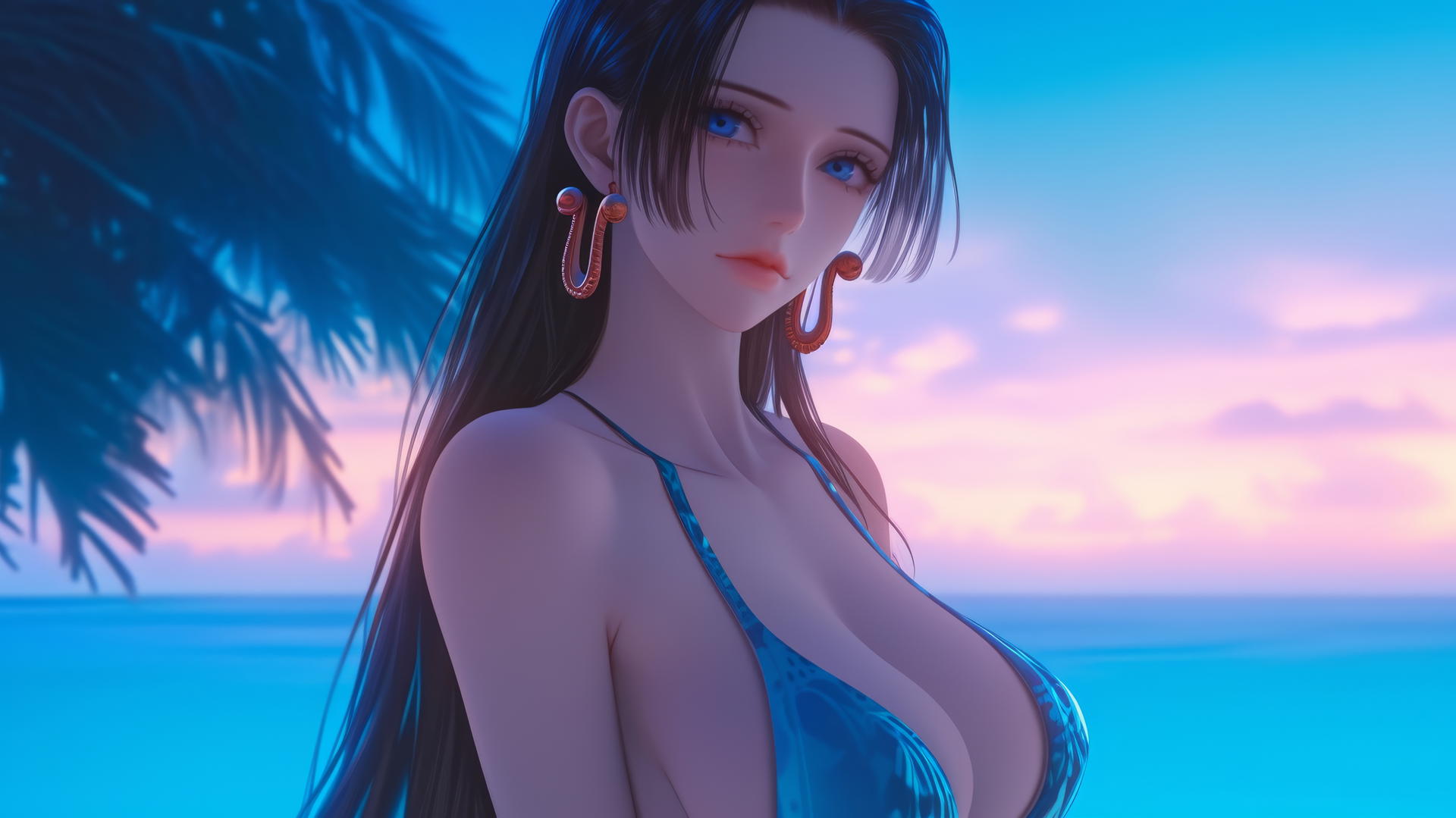 Boa Hancock from One Piece resting on a beach during a neon pink sunset with a romantic glow.