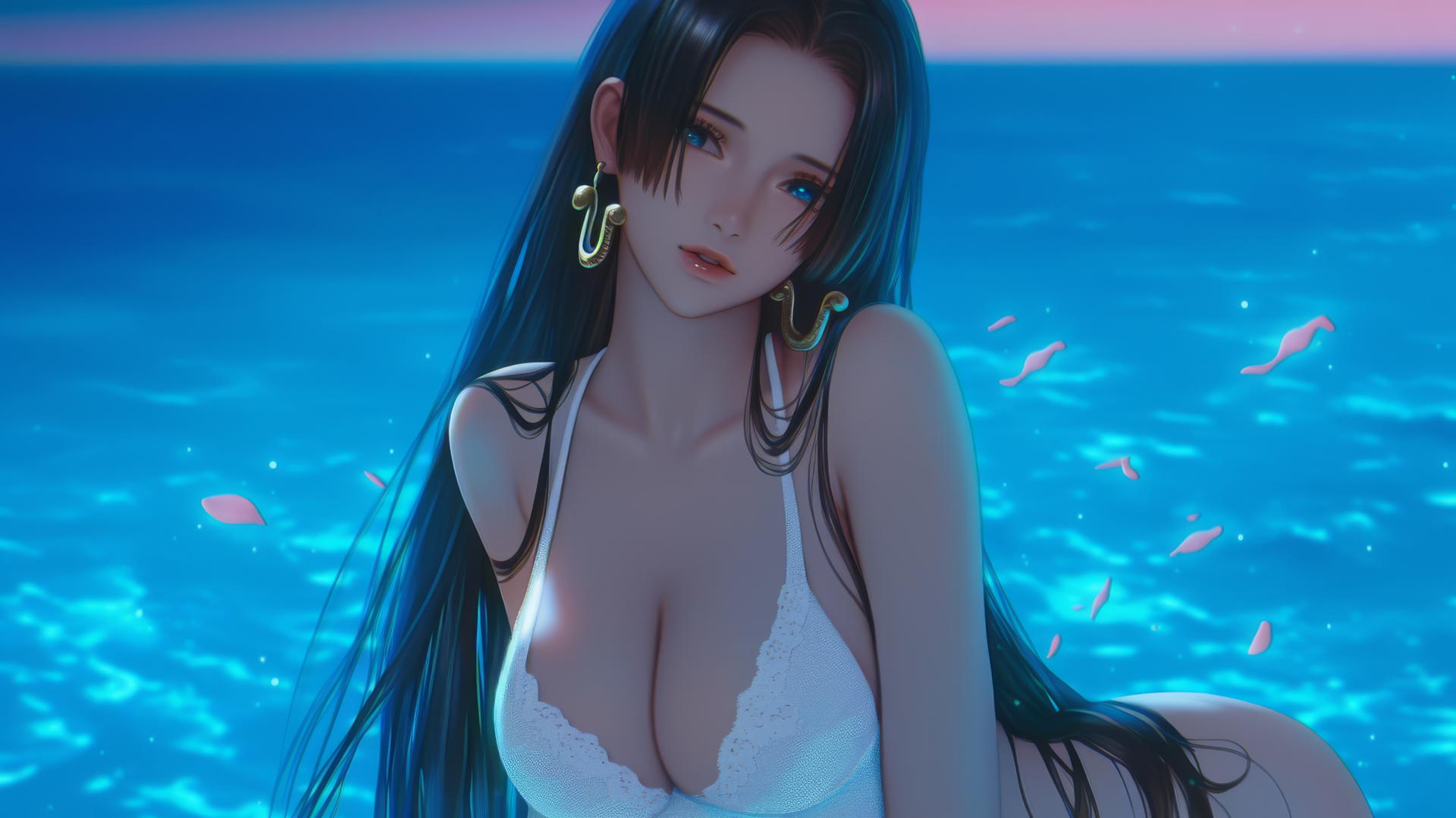 Boa Hancock from One Piece resting on beach during a romantic sunset with neon pink sky.
