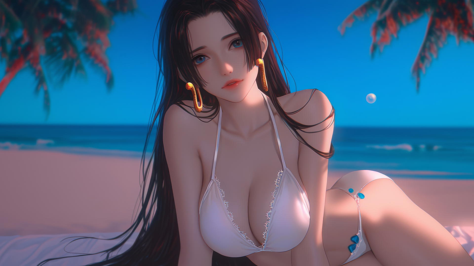 Boa Hancock from One Piece resting at a beach during a romantic neon pink sunset