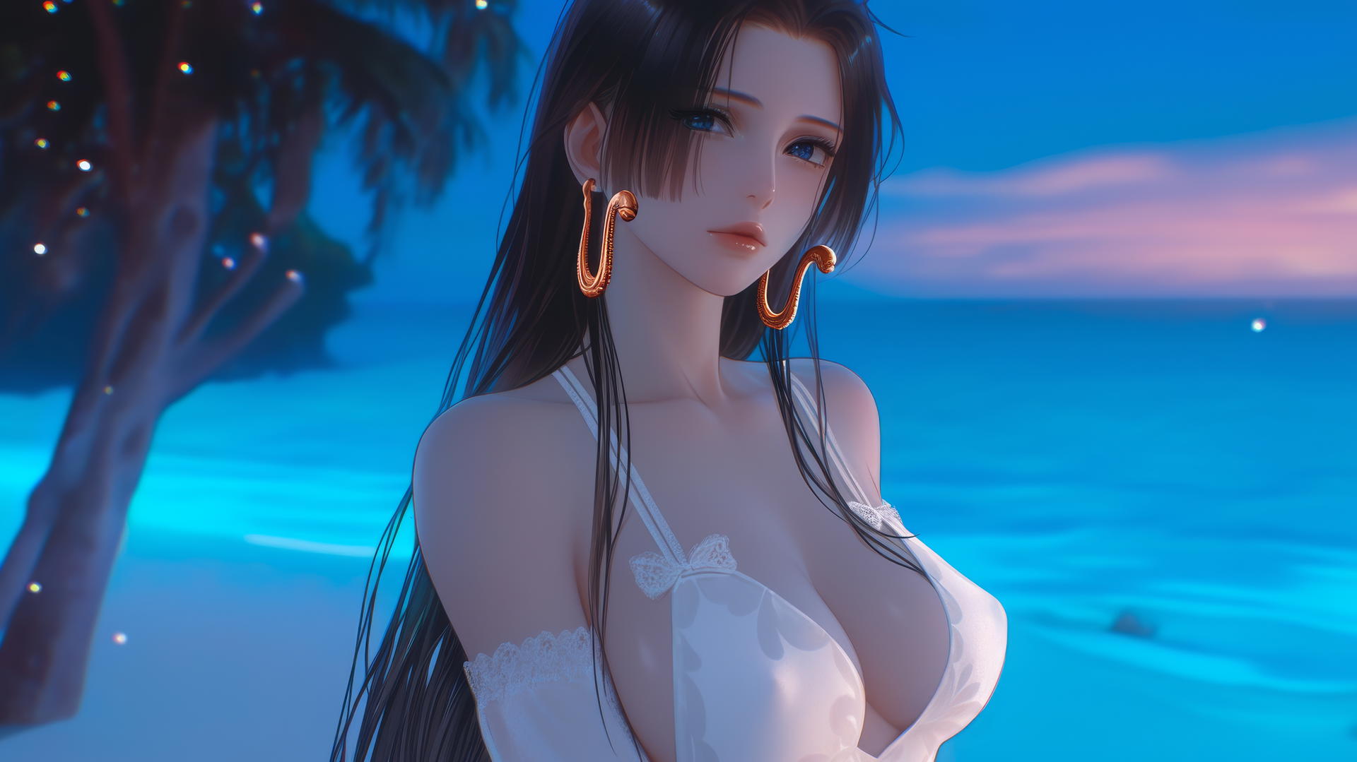 Boa Hancock from One Piece resting on a beach during a neon pink sunset with soft neon light glow.