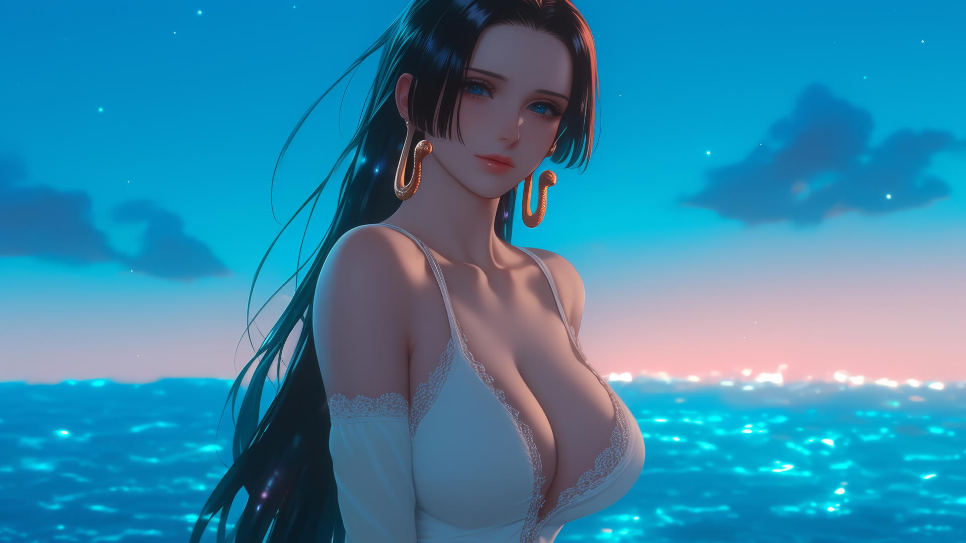 Boa Hancock from One Piece running on a beach at sunset with a neon pink sky.
