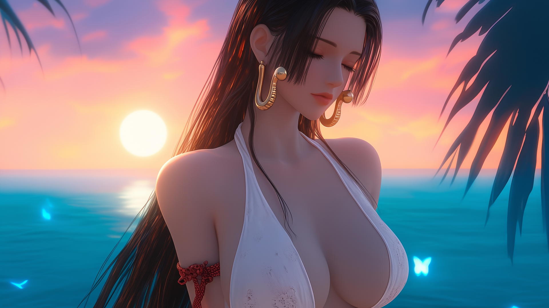 Boa Hancock resting at beach during romantic sunset with neon pink sky.
