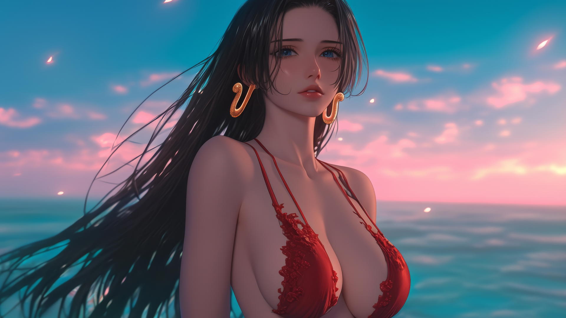 Boa Hancock from One Piece running on a beach at sunset with a neon pink sky and soft neon glow.