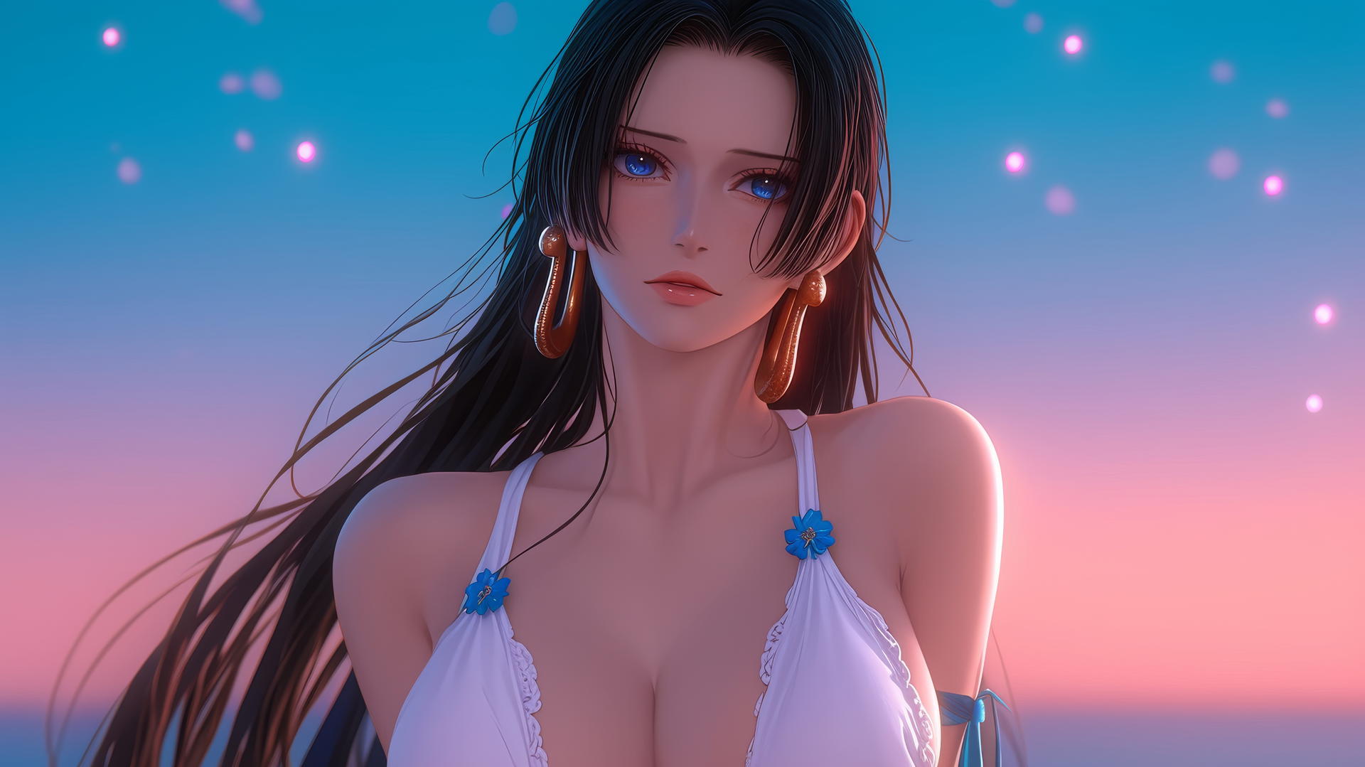 Boa Hancock running at a beach during a romantic neon sunset