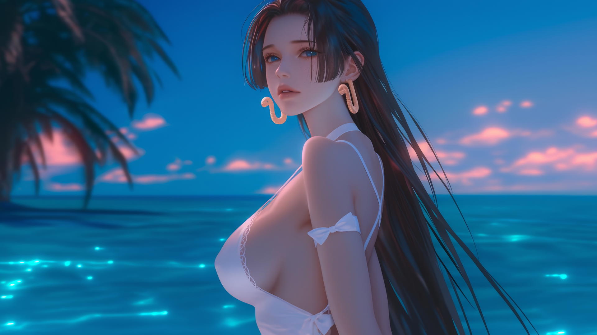 Boa Hancock from One Piece running at beach during romantic sunset, neon pink sky.