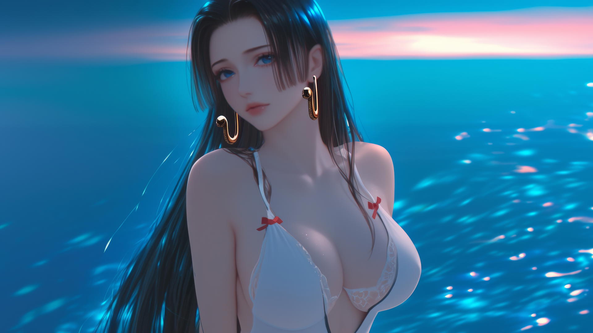 Boa Hancock running at a beach during a romantic sunset with a neon pink sky.