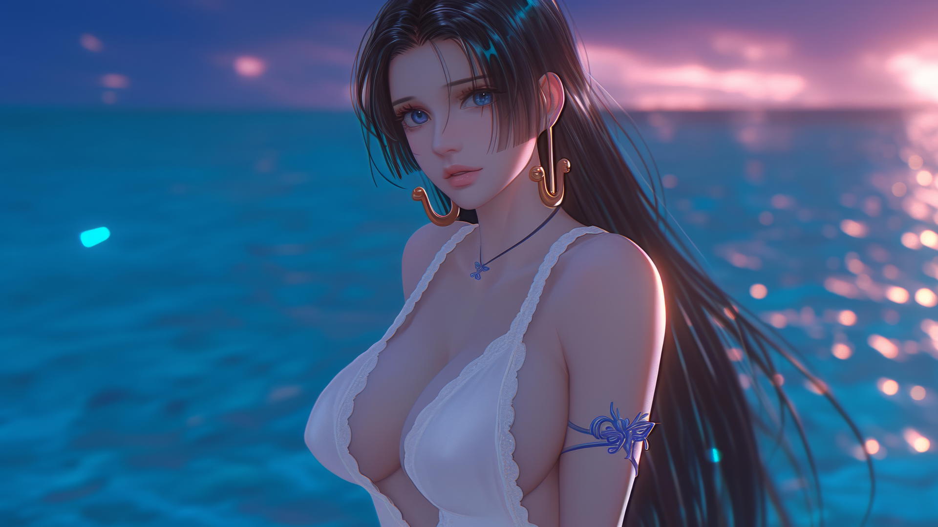 Boa Hancock from One Piece running on a beach during a romantic sunset with a neon pink sky.