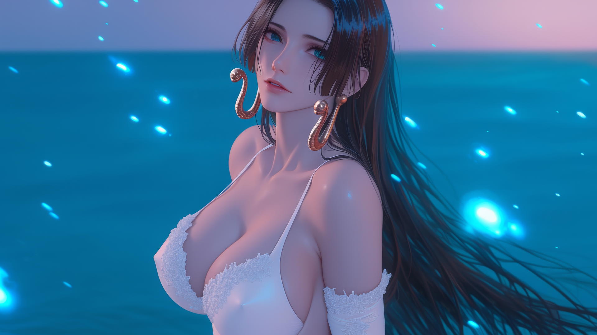 Boa Hancock from One Piece running on the beach at sunset with a neon pink sky and soft lighting.