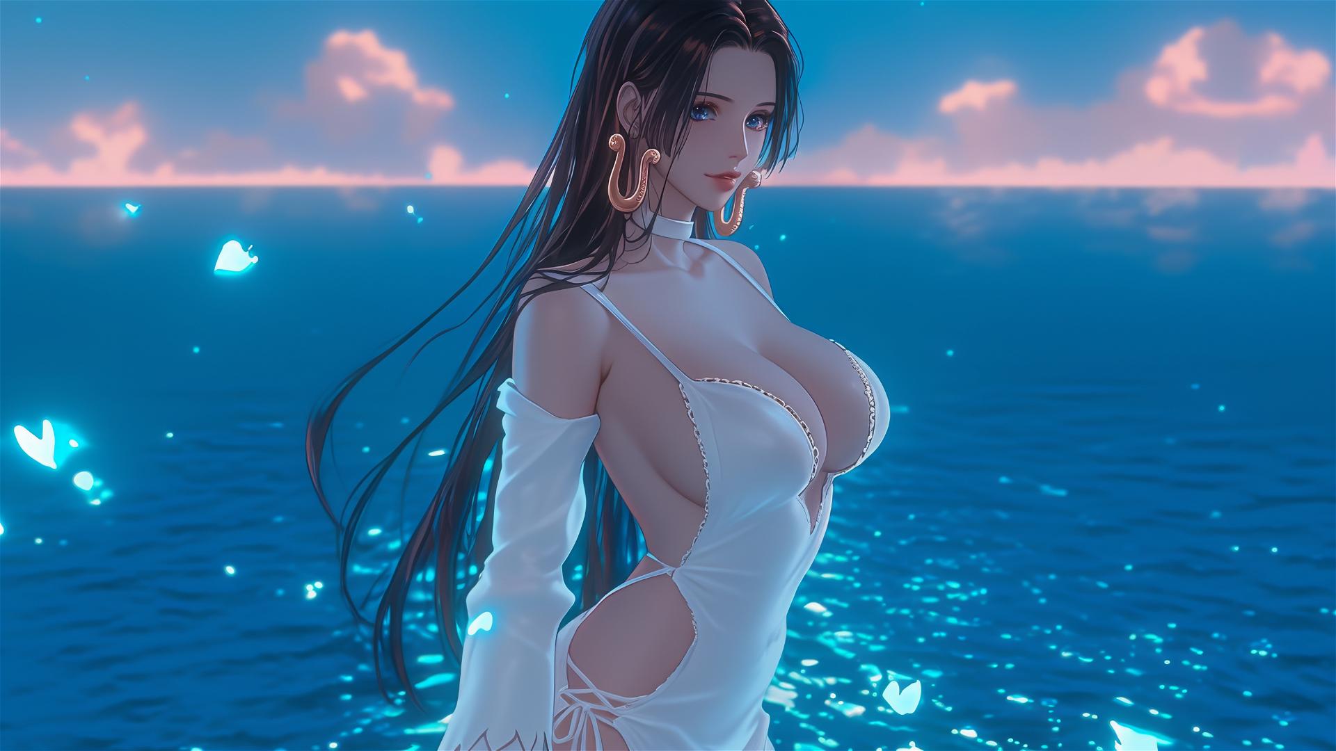 Boa Hancock from One Piece walking out of the sea at romantic sunset