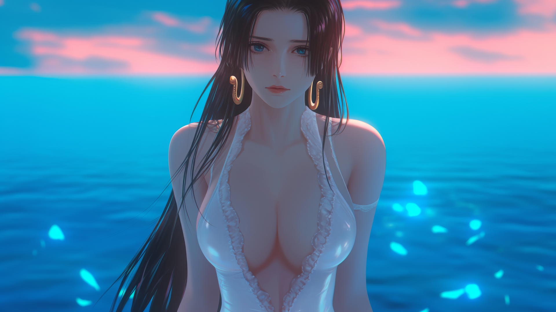 Boa Hancock from One Piece walking out of the sea at sunset with a neon pink sky.