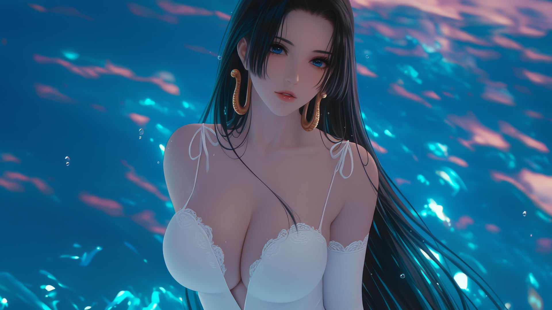 Boa Hancock from One Piece walking out of the sea at a neon pink sunset.
