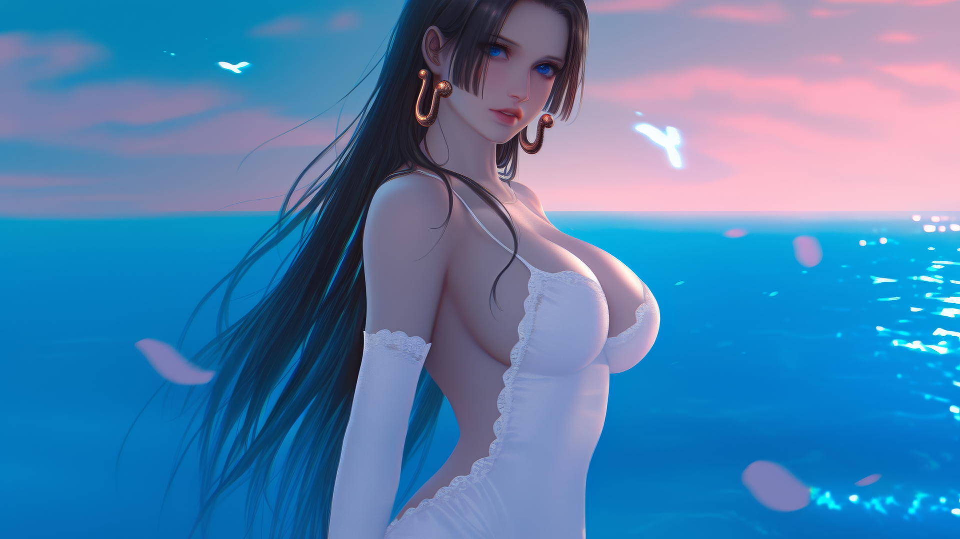 Boa Hancock walking out of the sea during a neon pink sunset.