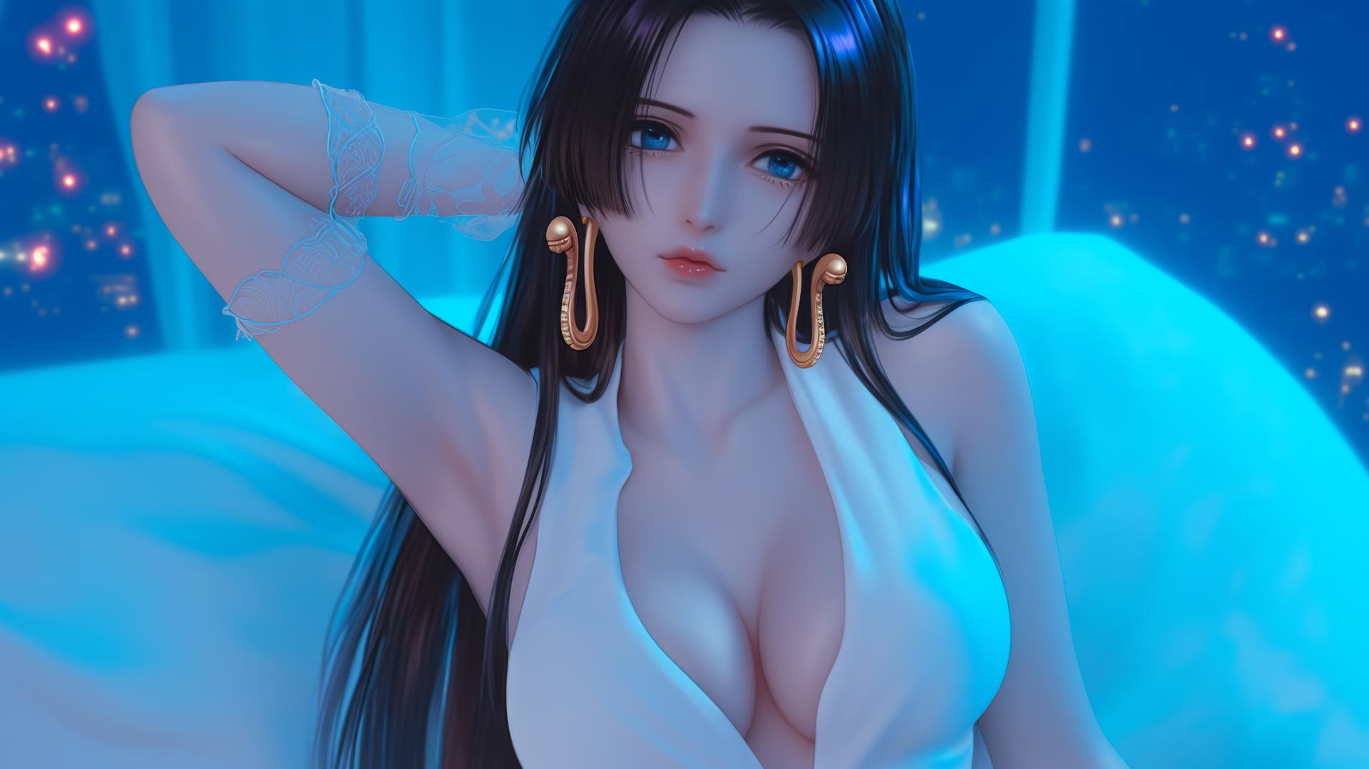 Boa Hancock from One Piece relaxing in a modern hotel room with neon lighting.