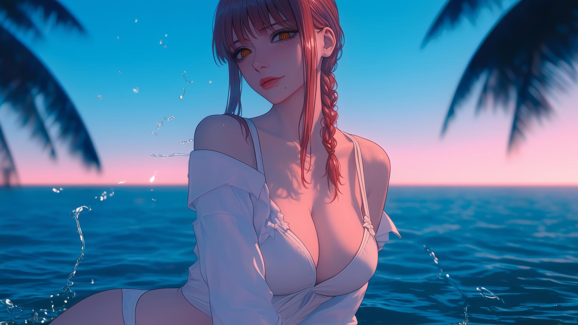 Makima from Chainsaw Man resting at sea during a neon pink sunset.