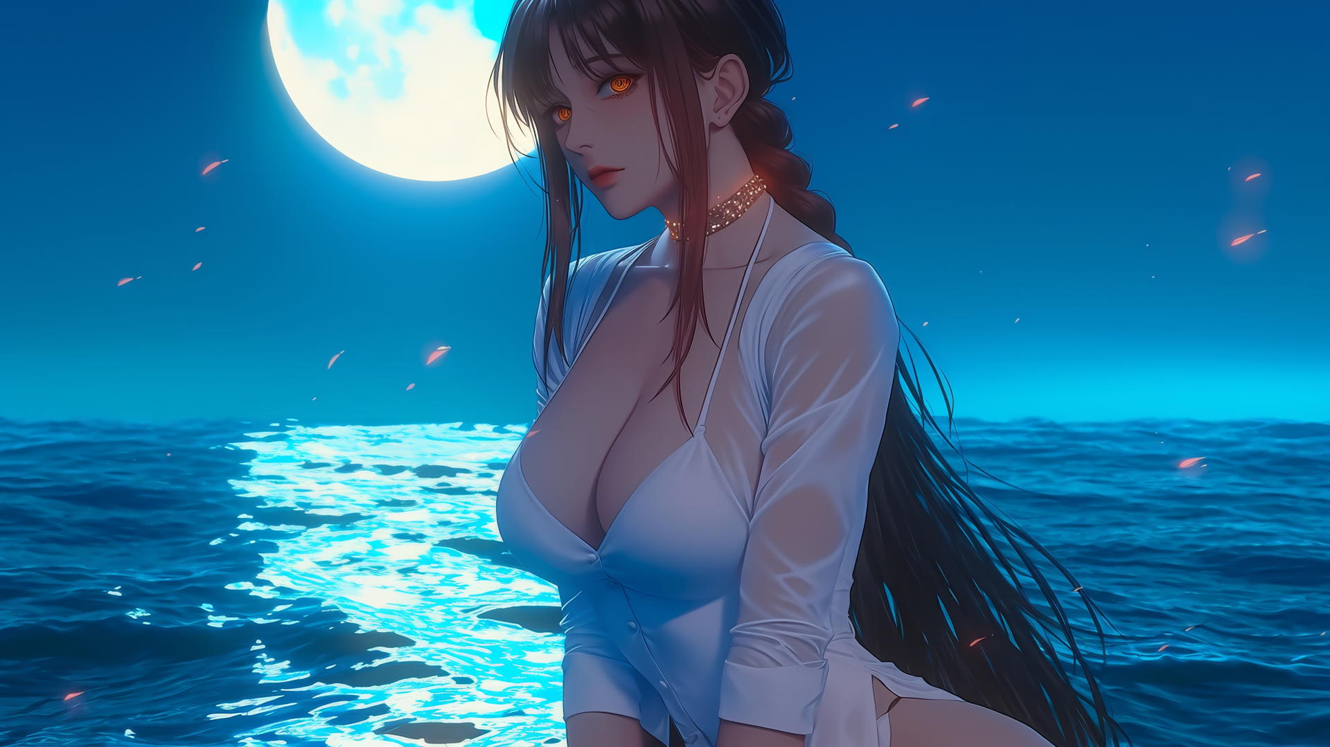 Makima from Chainsaw Man resting at sea during romantic neon pink sunset.