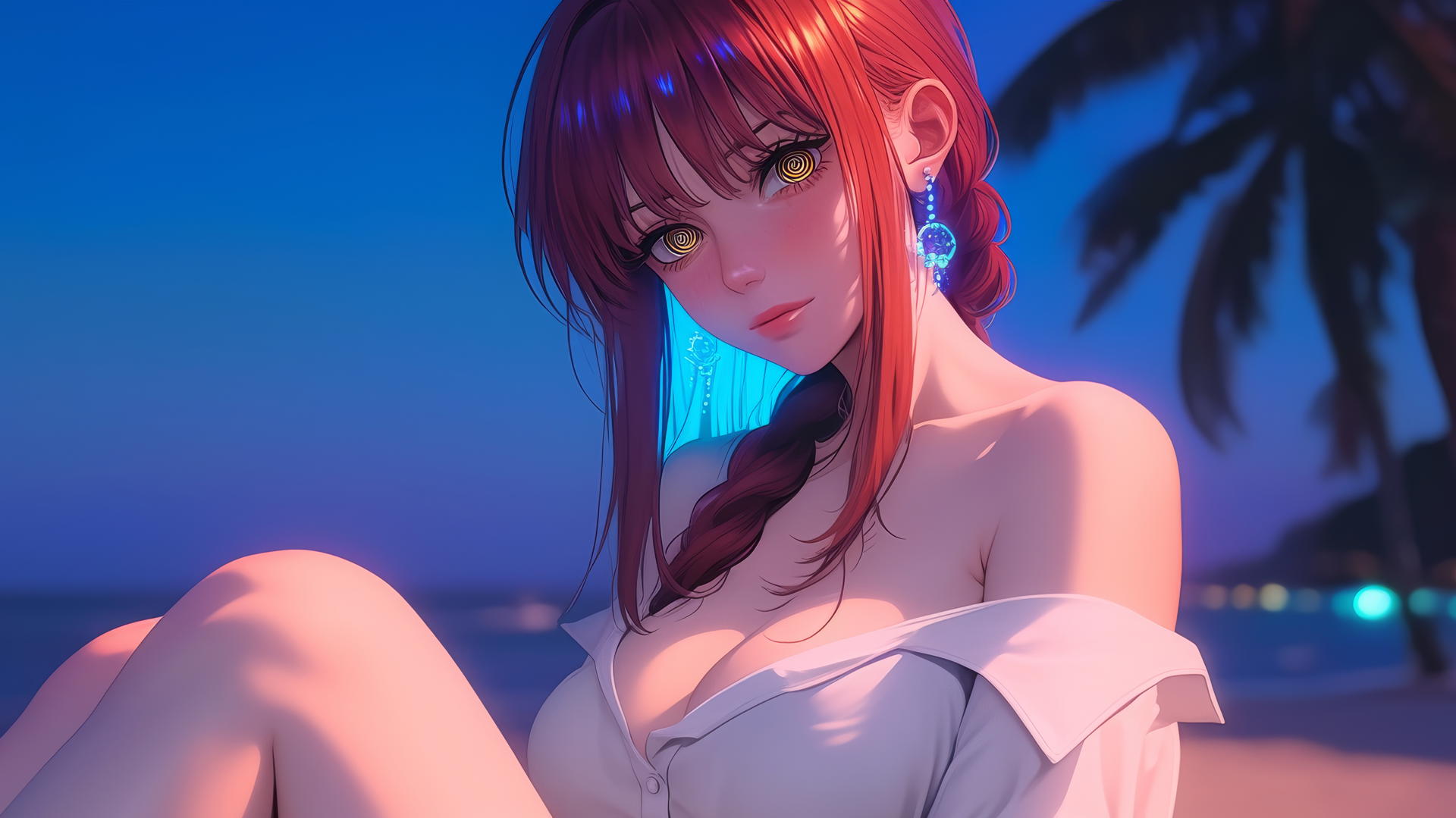 Makima from Chainsaw Man resting at sea during a neon pink sunset.