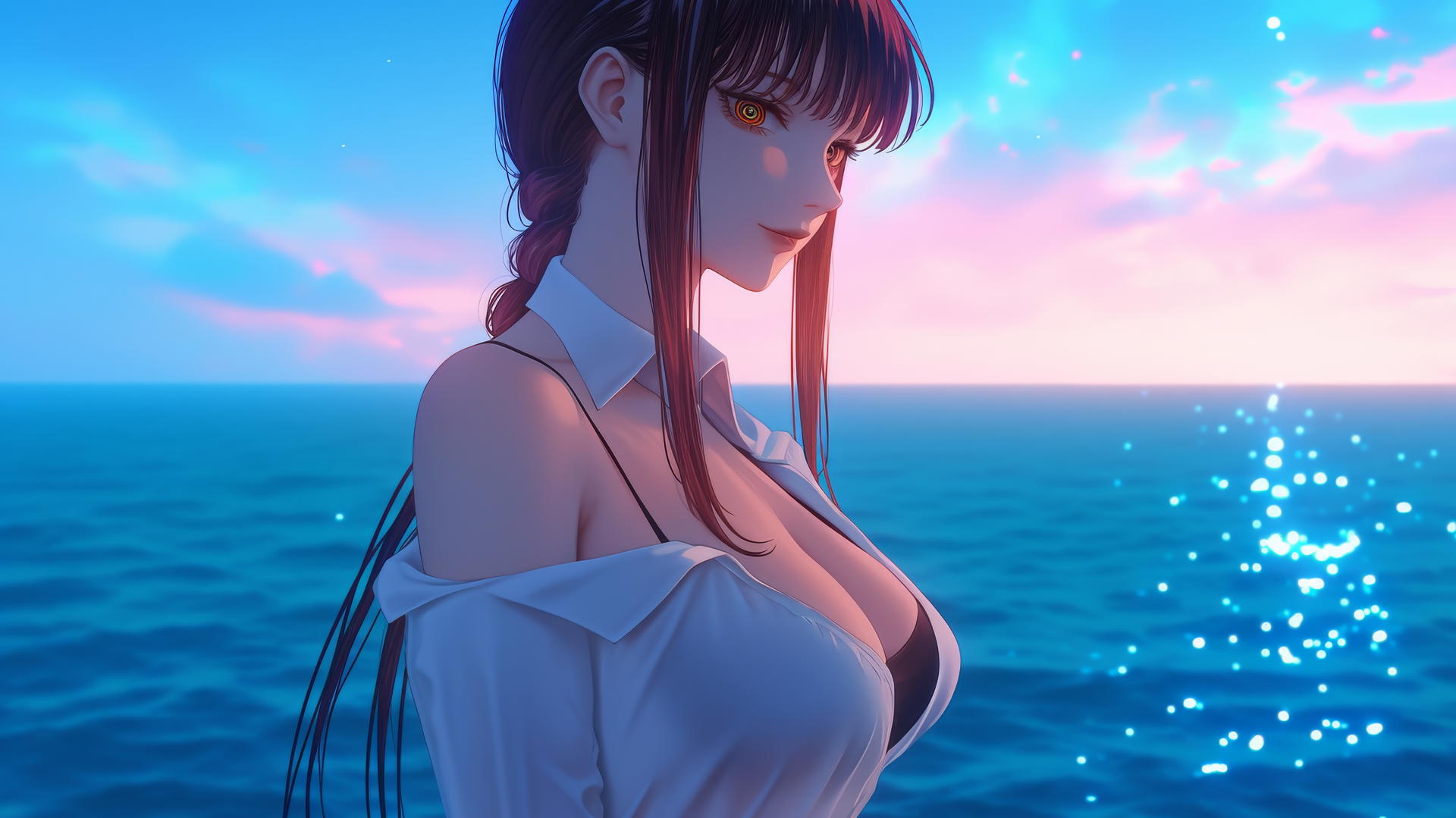 Makima from Chainsaw Man resting at sea during a neon pink sunset.