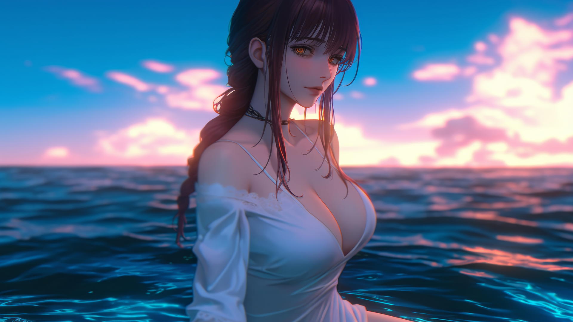 Makima from Chainsaw Man resting at sea during a romantic neon pink sunset