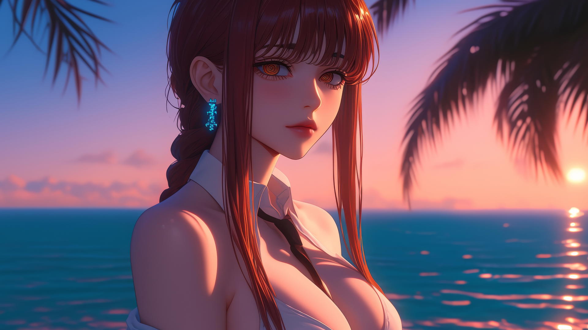 Makima from Chainsaw Man resting at sea during a romantic neon sunset