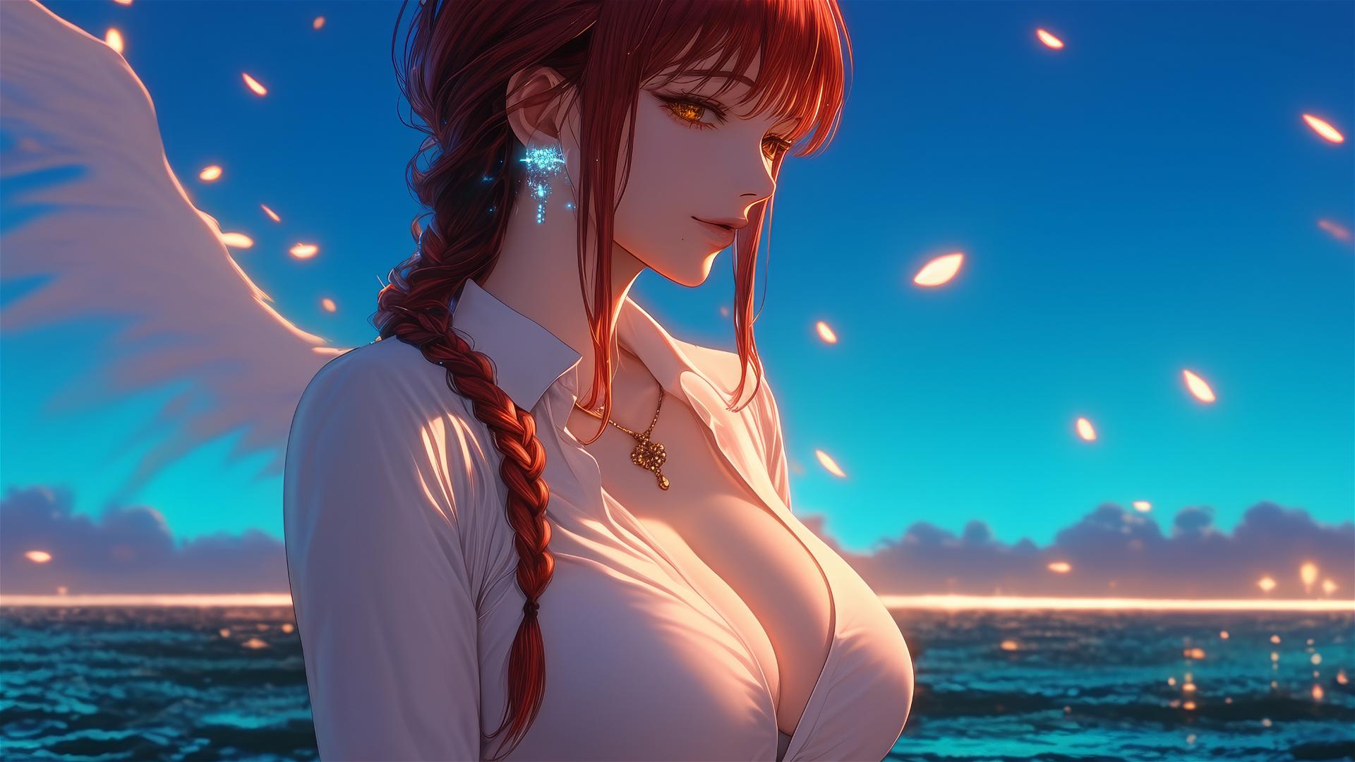 Makima from Chainsaw Man resting at sea at sunset with neon pink sky